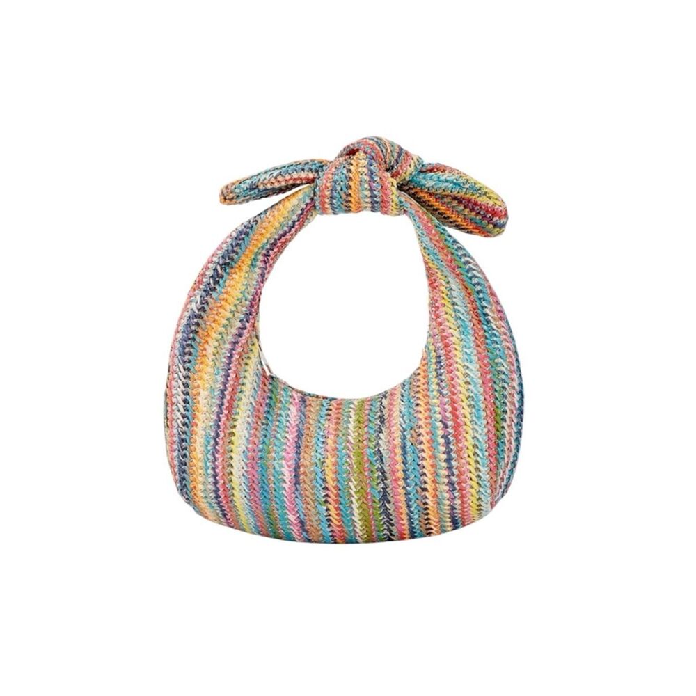 NEW Colorful Multistripe Knot-Top Straw Woven Clutch Bag